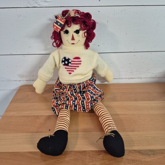 Handmade Other - Vintage Raggedy Ann Sitting Doll With Patriotic Outfit Red Yarn Hair Doll 18"